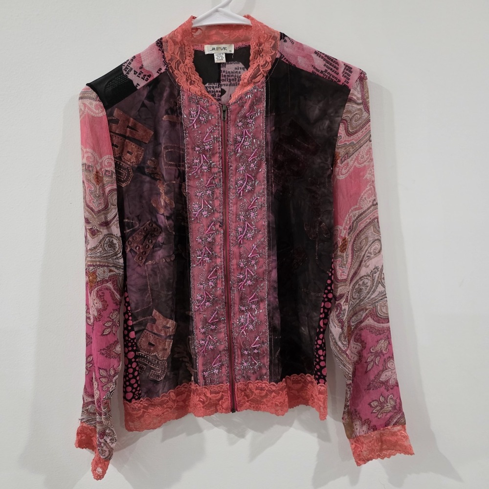 Jaipur Womens Zip Up Top Size Small Lace Velvet Burnout Beaded Abstract Indie‎